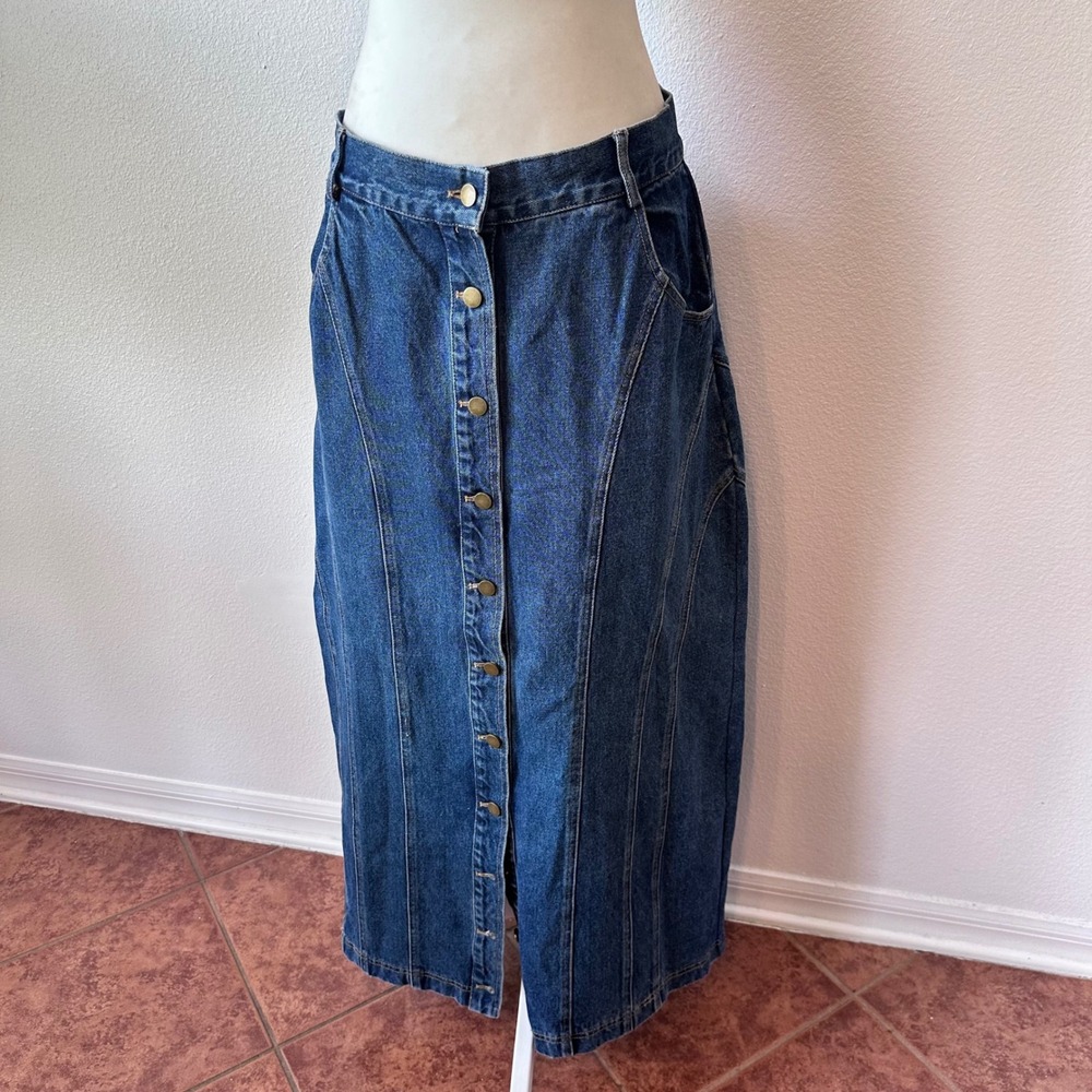Vintage Cottagecore Boho Denim Maxi Skirt Western Prairie Modest  Women 10 Blue